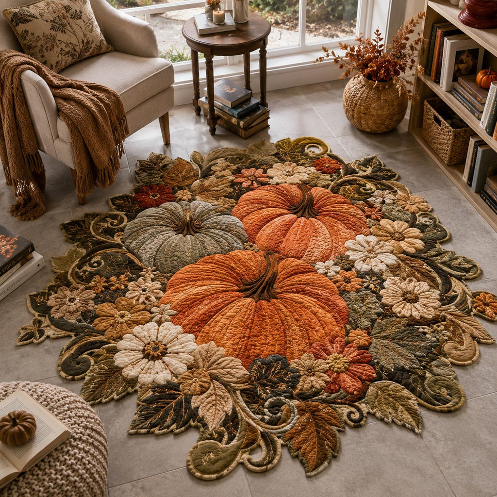 Autumn Pumpkin Scrollwork Custom Shape Area Rug - Seasonal Design | Die-Cut Non-Slip Rug - washable non-slip printed rug