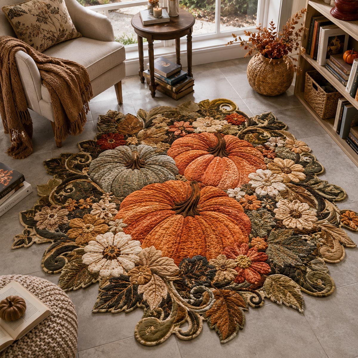 Autumn Pumpkin Scrollwork Custom Shape Area Rug - Seasonal Design | Die-Cut Non-Slip Rug - washable non-slip printed rug