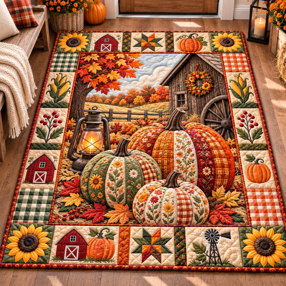 Autumn Pumpkin Season area rug in a living room