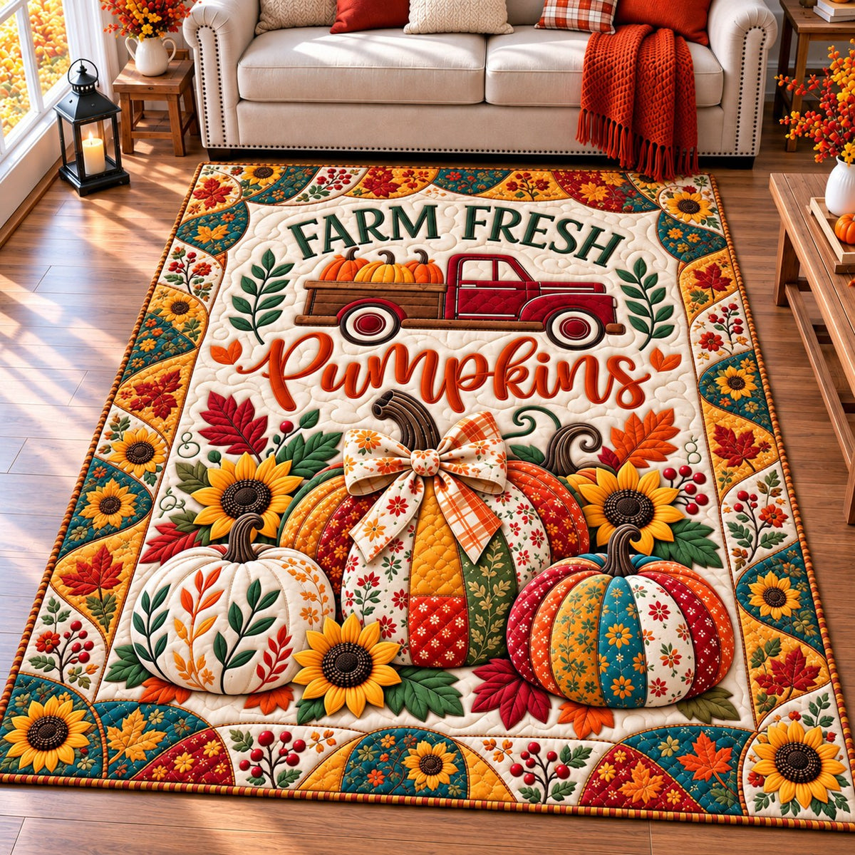 Autumn Pumpkin Wishes area rug in a living room