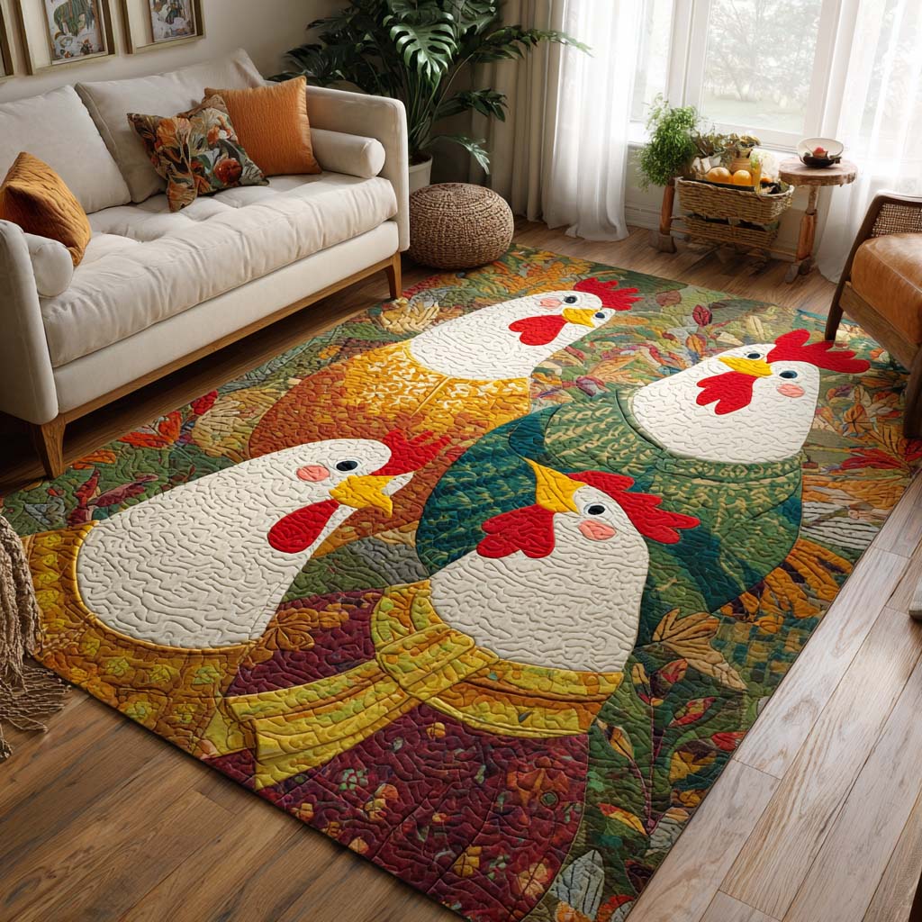 Autumn Roosters area rug in a living room