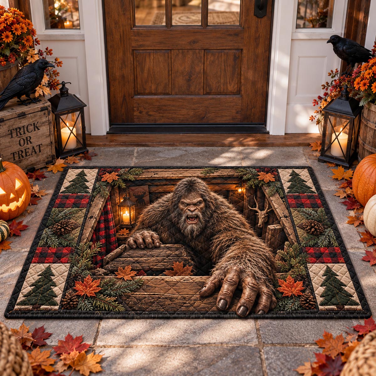 Autumn Sasquatch Stairway Doormat - Nature Design | Printed Welcome Doormat - washable non-slip printed rug