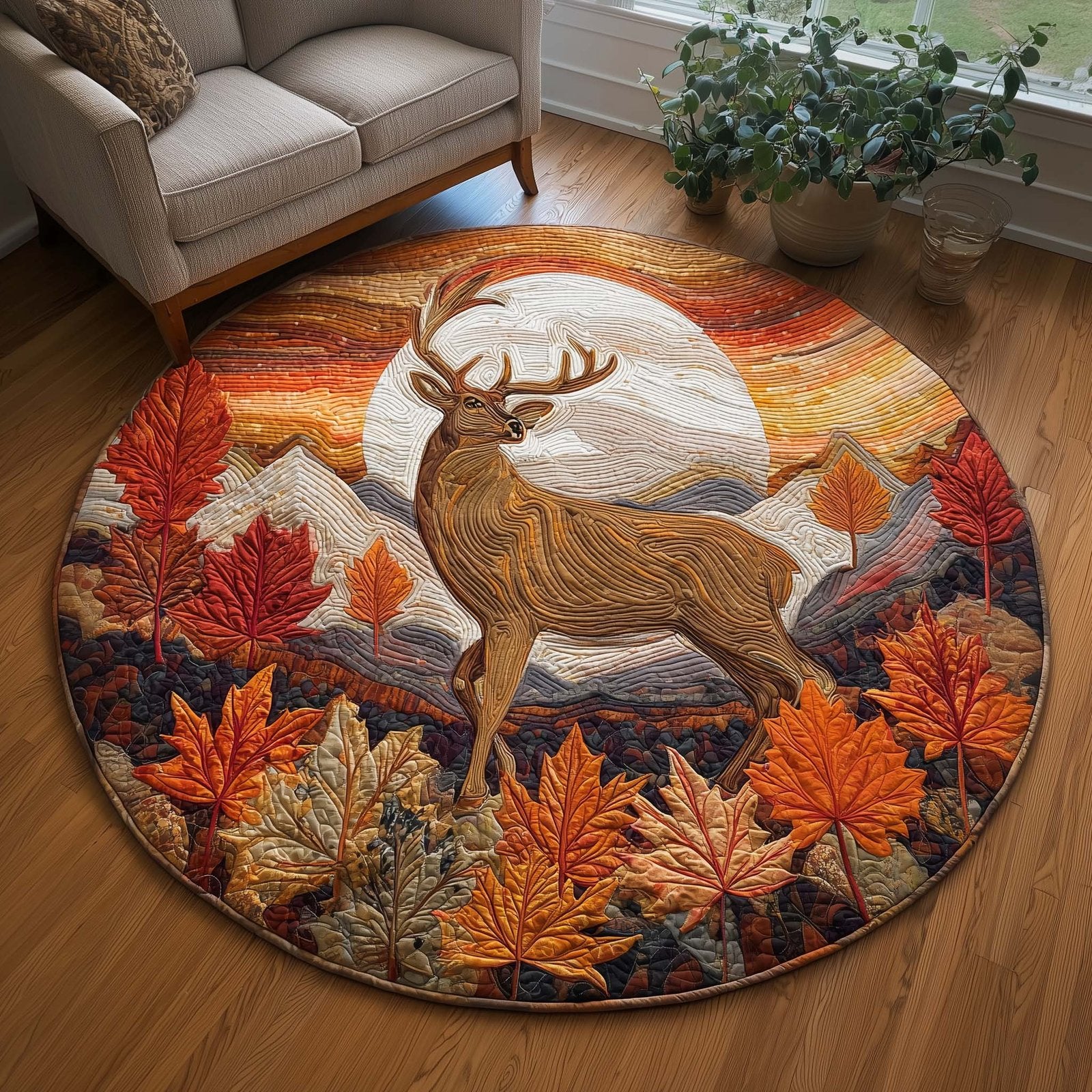 Autumn Stag Round Mat Rug - washable non-slip printed rug