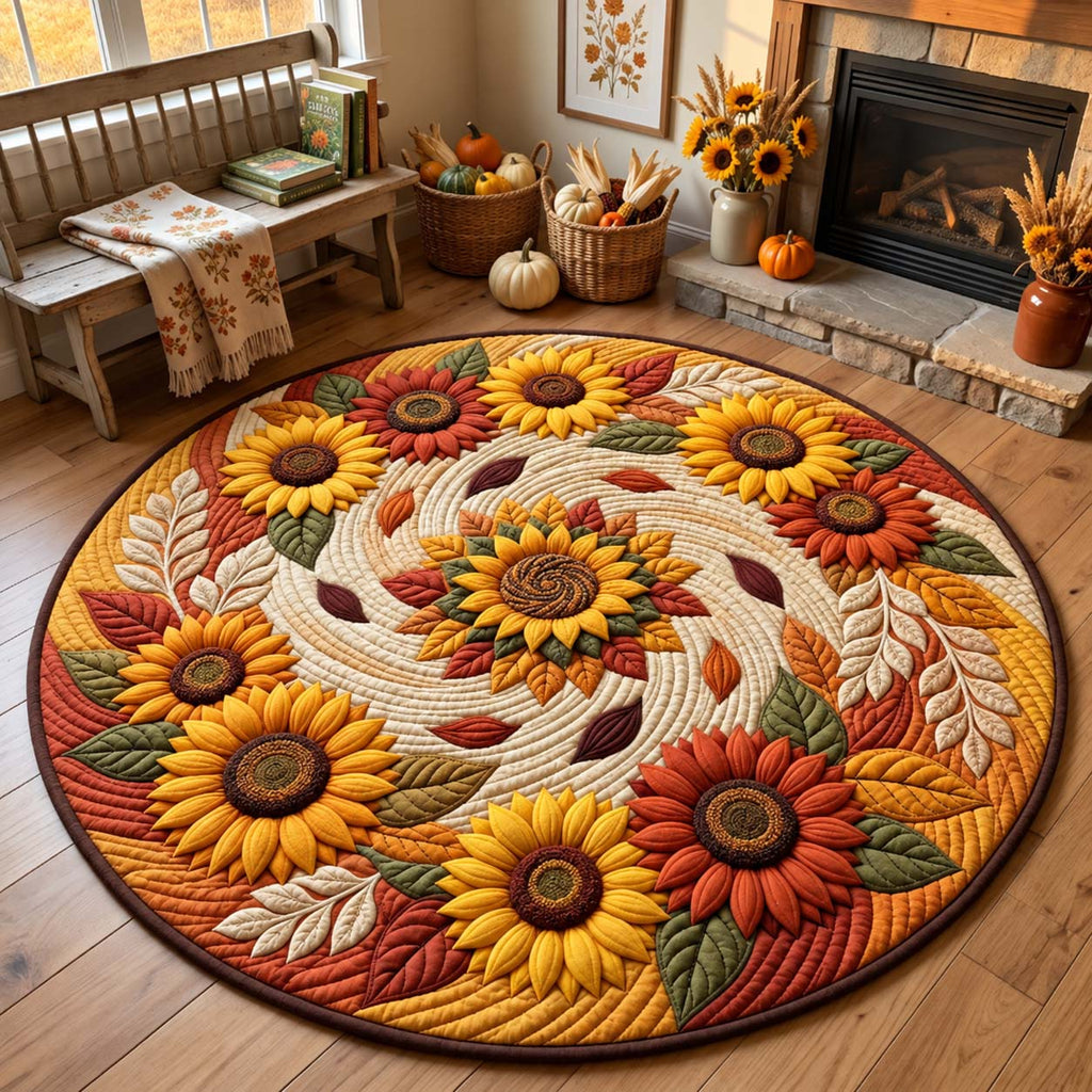 Autumn Sunflower Swirl Round Mat Rug - Nature Design | Serene Home Decor - washable non-slip printed rug