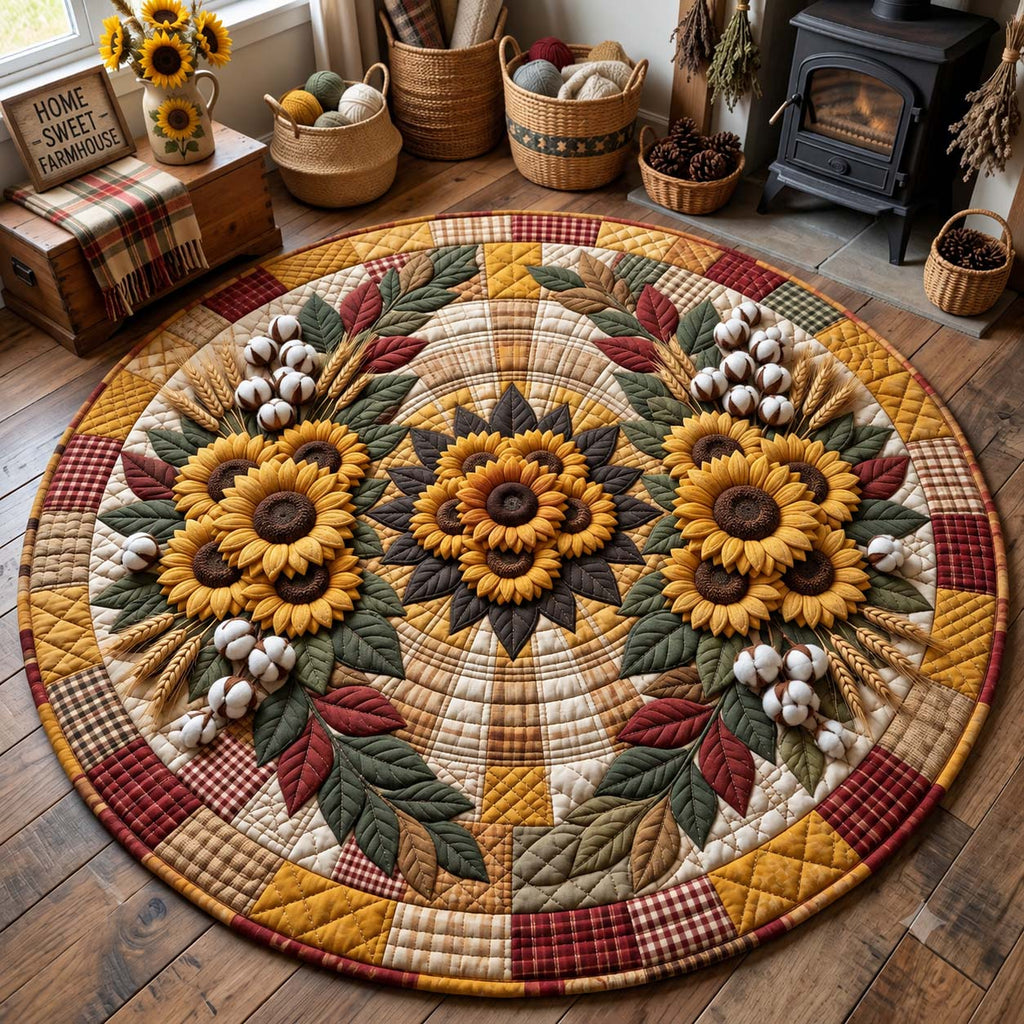 Autumn Sunflower Wreath Round Mat Rug - Nature Design | Serene Home Decor - washable non-slip printed rug