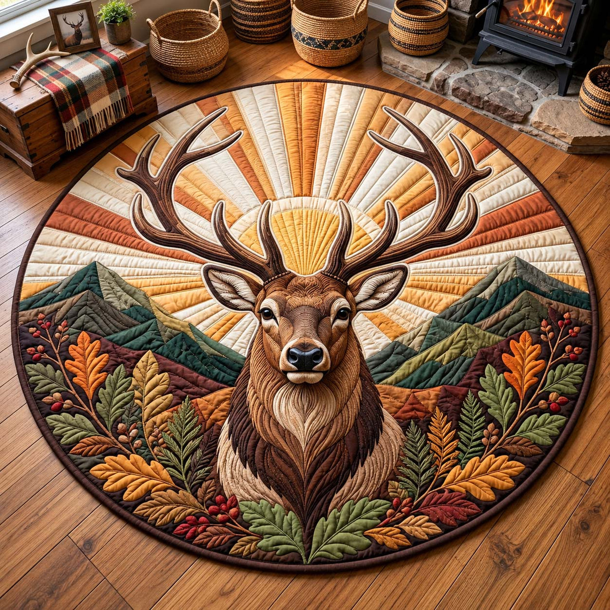 Autumn Sunrise Buck Round Mat Rug - Nature Design | Serene Home Decor - washable non-slip printed rug