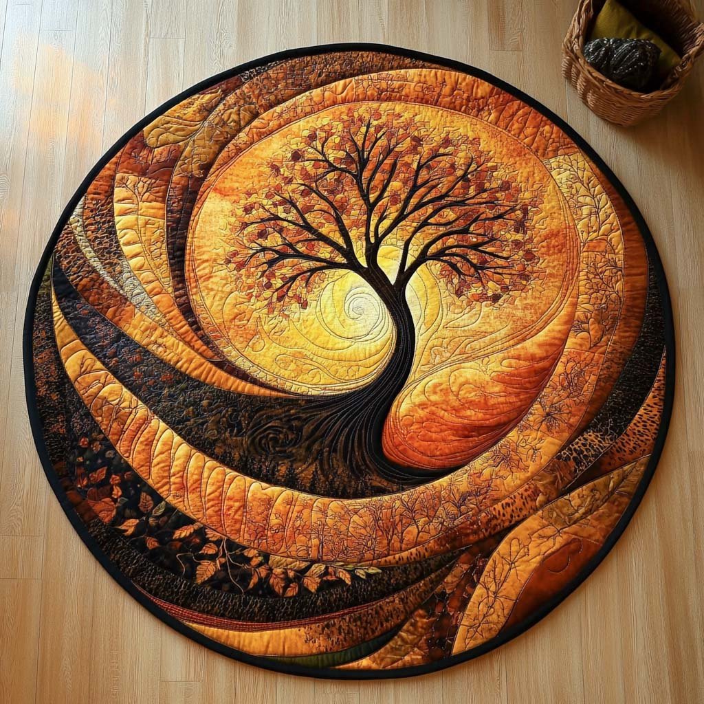 Autumn Tree Whirl Round Mat Rug - washable non-slip printed rug