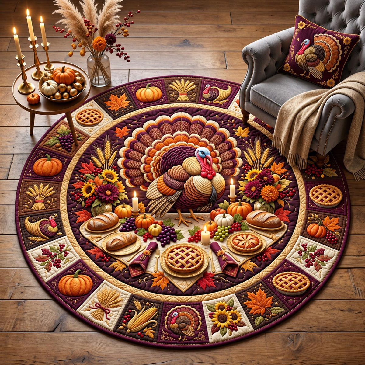 Autumn Turkey Round Mat Rug - Nature Design | Serene Home Decor - washable non-slip printed rug