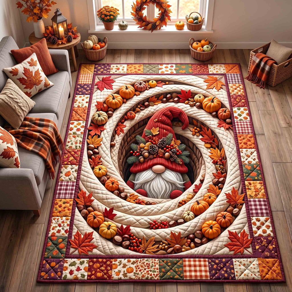 Autumn Vortex Gnome area rug in a living room