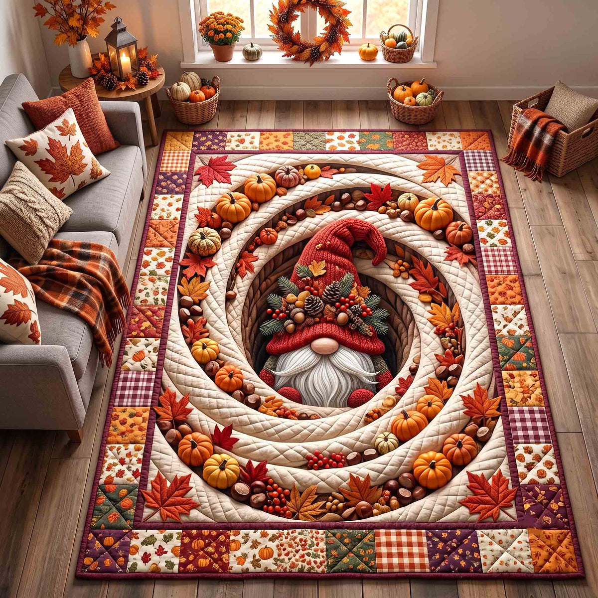 Autumn Vortex Gnome area rug in a living room