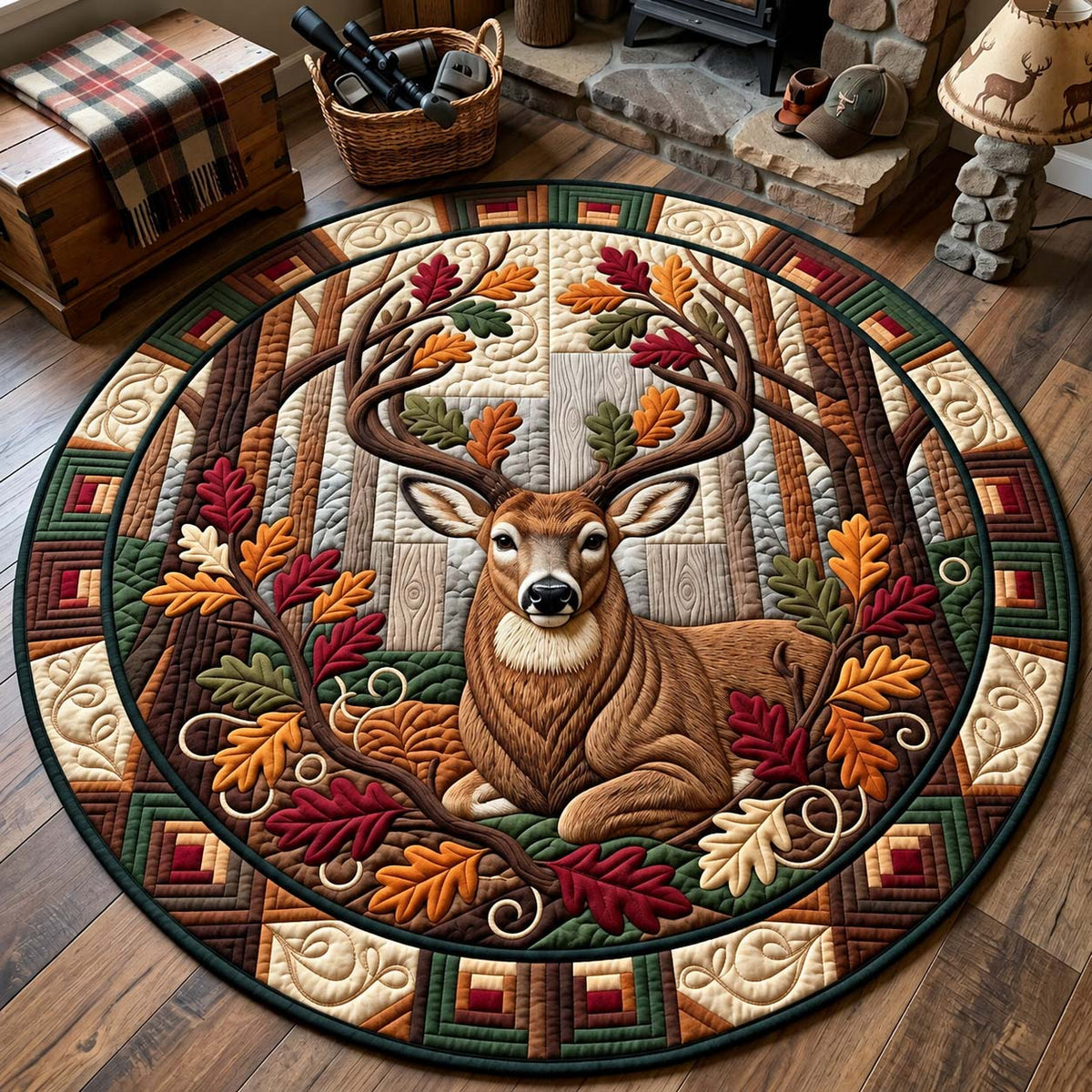 Autumn Woodland Deer Round Mat Rug - Cute Animal Design | Charming Home Decor - washable non-slip printed rug