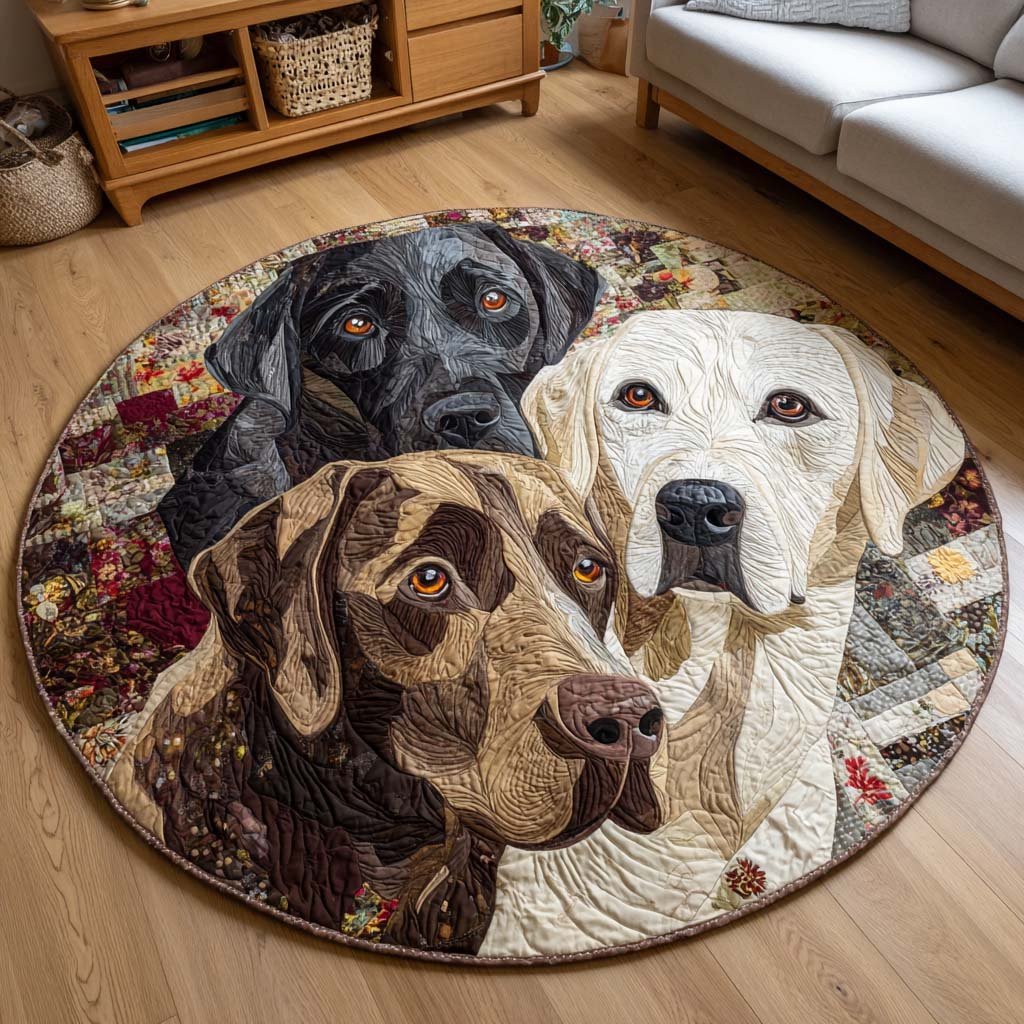 Autumnal Labrador Trio Round Mat Rug - washable non-slip printed rug