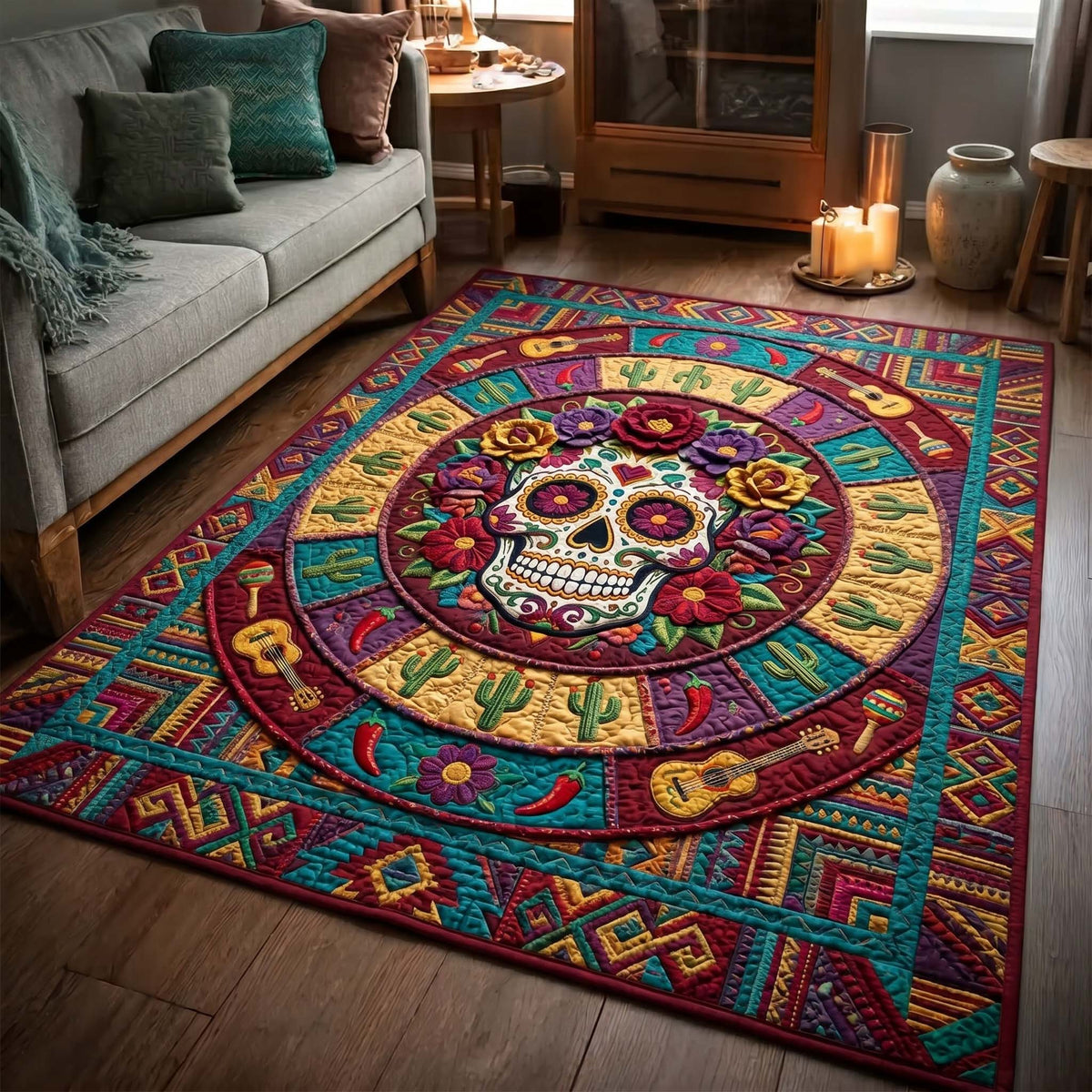 Aztec Fiesta area rug in a living room