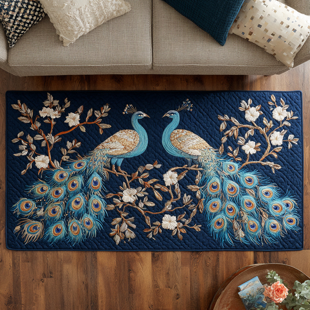 Azure Peacock Pair area rug in a living room