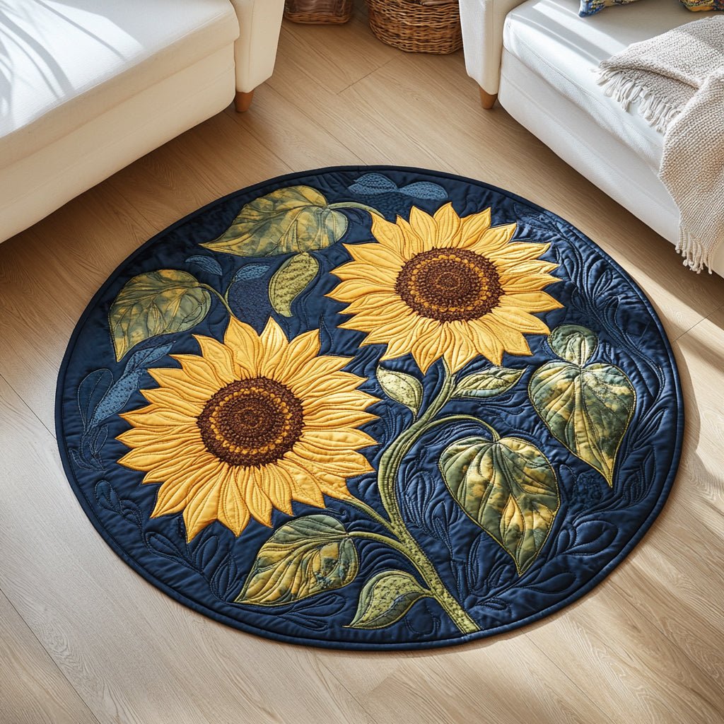 Azure Sunflowers Round Mat Rug - washable non-slip printed rug