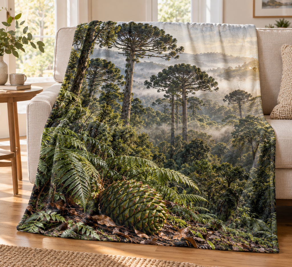 Green bunya pine cone among ferns beneath domed tree crowns and receding misty rainforest printed on a complete fleece throw blanket