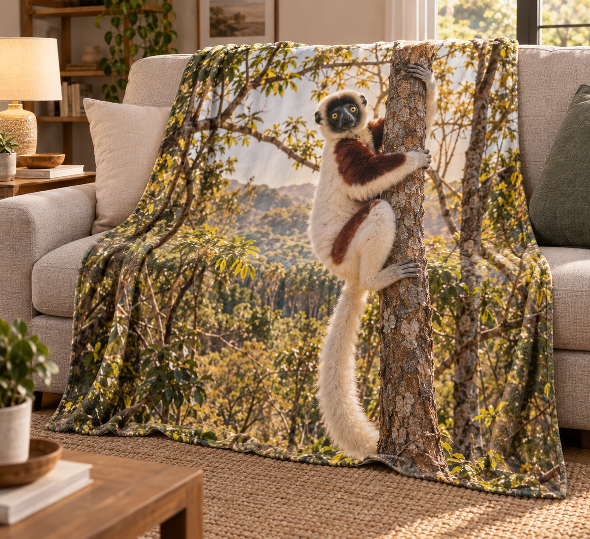 White and reddish-brown sifaka clinging to a tree before receding dry forest printed on a softly draped fleece throw blanket