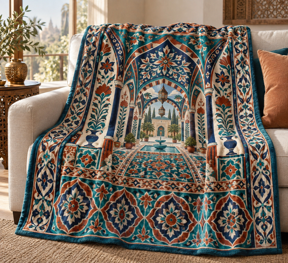 Khayamiya-inspired turquoise rust and indigo floral panels framing a receding courtyard printed on a softly draped fleece throw blanket