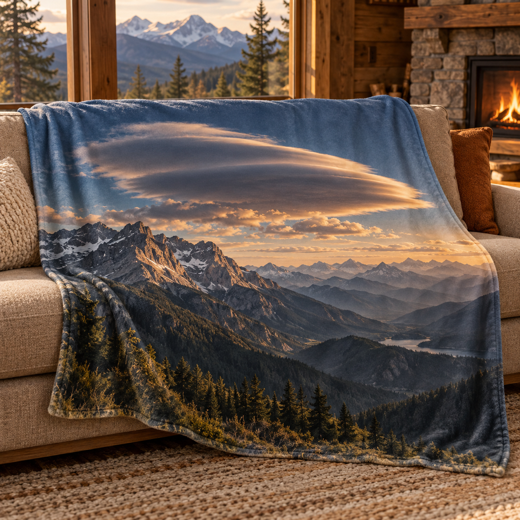 Layered lens-shaped cloud above receding mountain ridges in warm light printed on a fleece throw blanket
