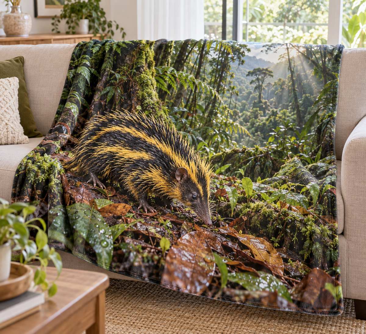Black-yellow lowland streaked tenrec among wet leaves and moss before a receding rainforest printed on a fleece throw blanket