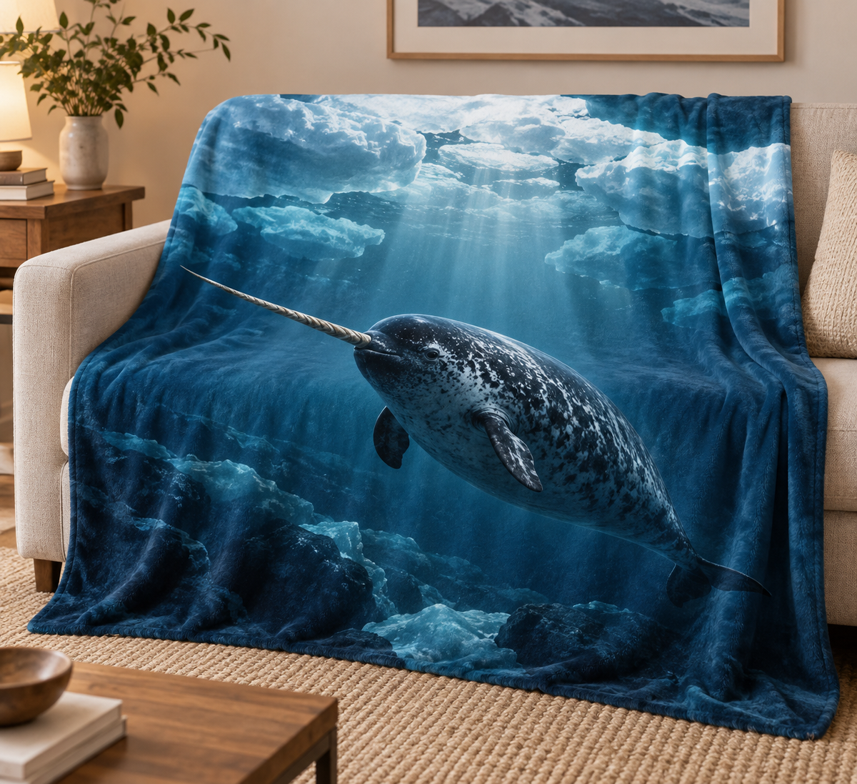Narwhal with a spiral tusk beneath receding Arctic ice printed on a softly draped fleece throw blanket