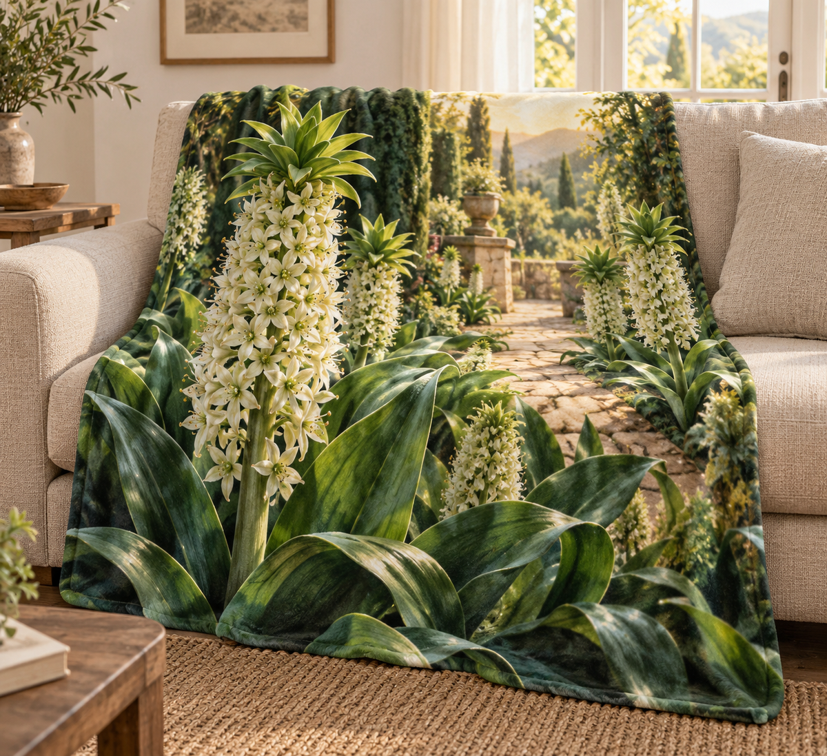Cream pineapple lily flower spikes and a receding garden path printed on a softly draped fleece throw blanket