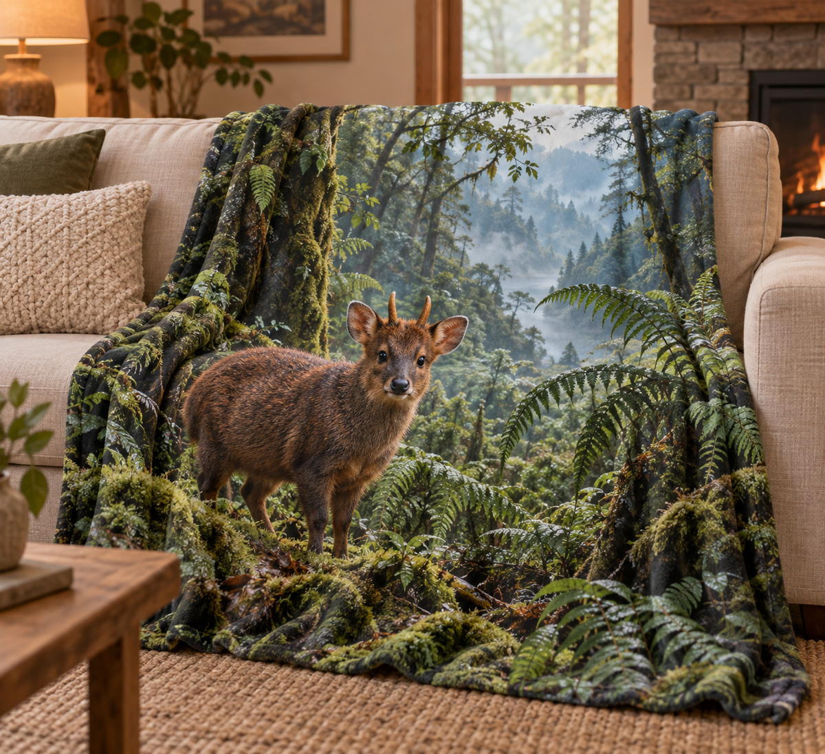Small brown southern pudu among moss and ferns before a receding misty forest printed on a draped fleece throw blanket