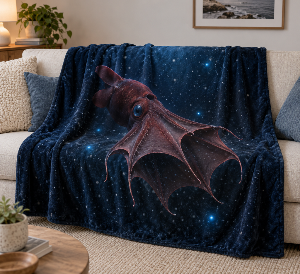 Dark red vampire squid with cloak-like webbing in a receding deep ocean printed on a softly draped fleece throw blanket