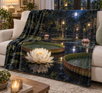 Giant rimmed waterlily leaves and white flowers on a moonlit conservatory pool printed on a complete fleece throw blanket