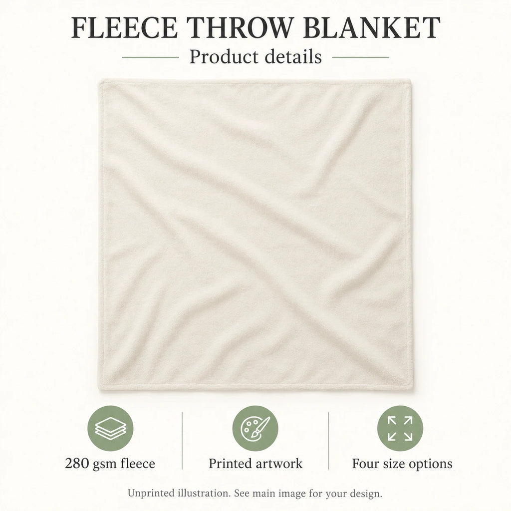 Fleece throw blanket generic features guide; unprinted front illustration.