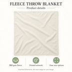 Fleece throw blanket generic features guide; unprinted front illustration.
