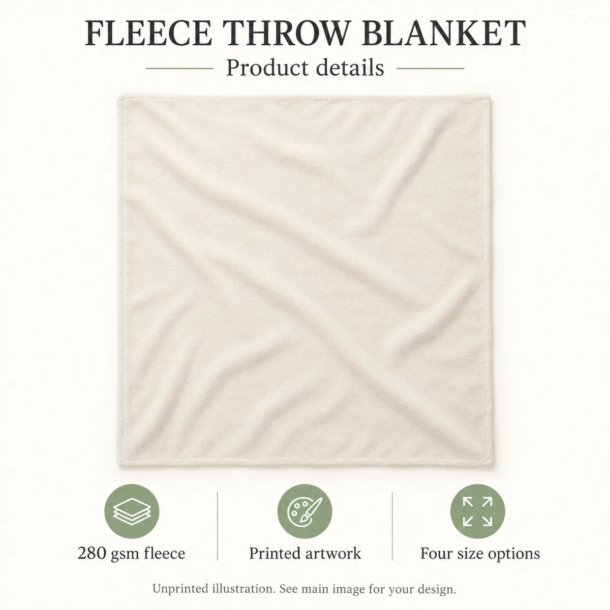 Fleece throw blanket generic features guide; unprinted front illustration.