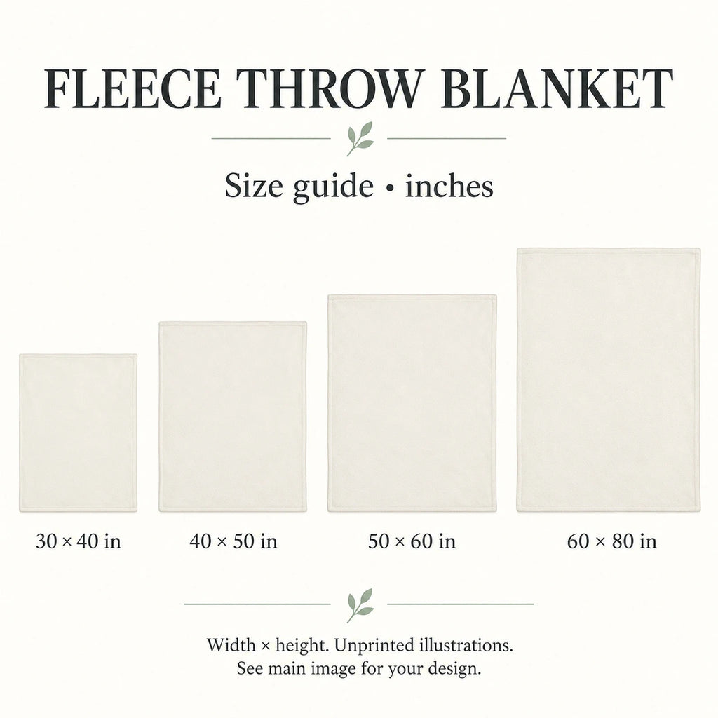 Fleece throw blanket generic sizes guide; unprinted front illustration.