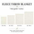 Fleece throw blanket generic sizes guide; unprinted front illustration.