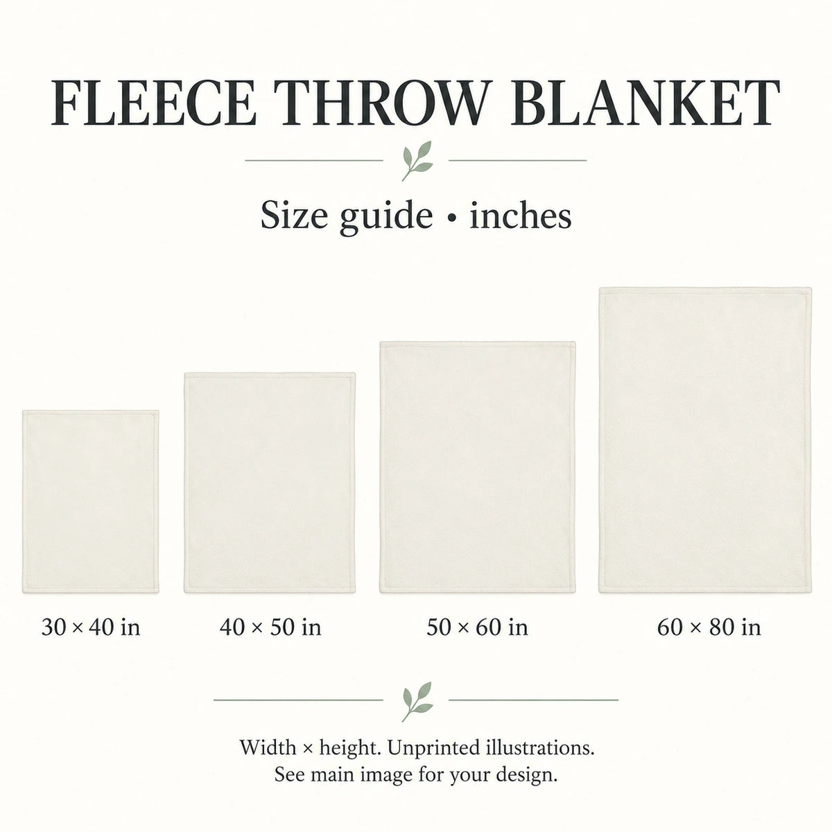 Fleece throw blanket generic sizes guide; unprinted front illustration.