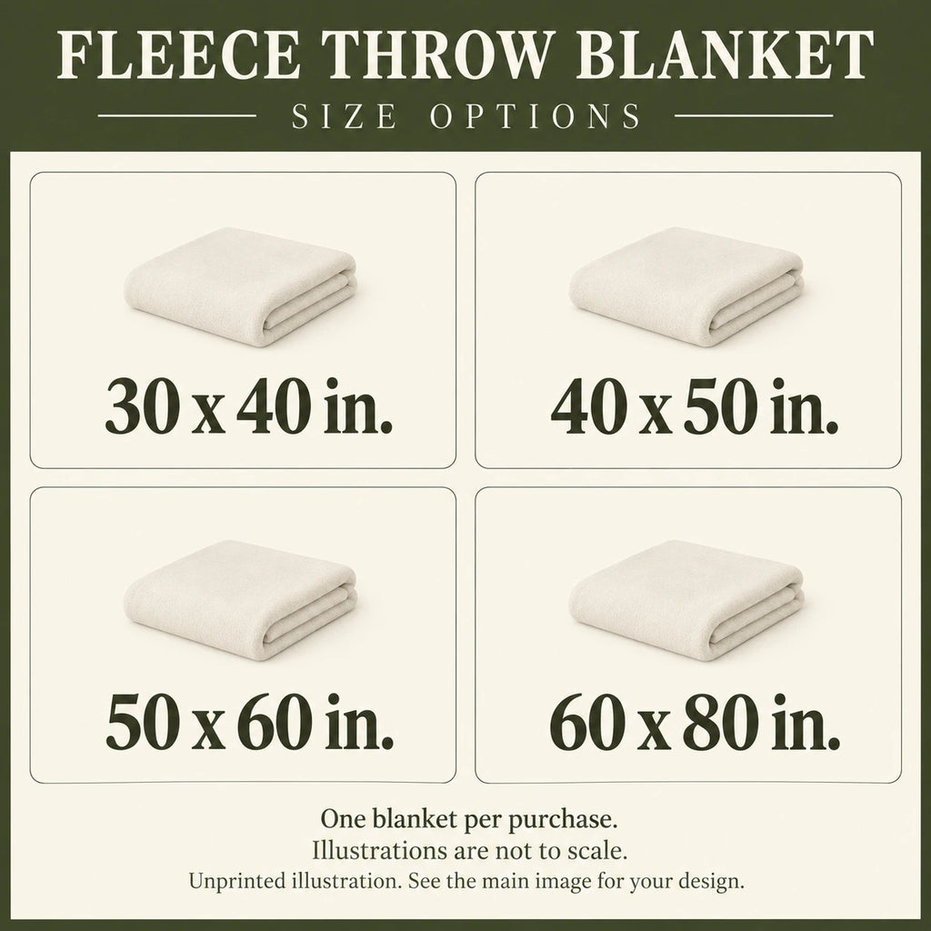 Fleece Throw Blanket sizes guide: unprinted illustration; see main image for purchased design