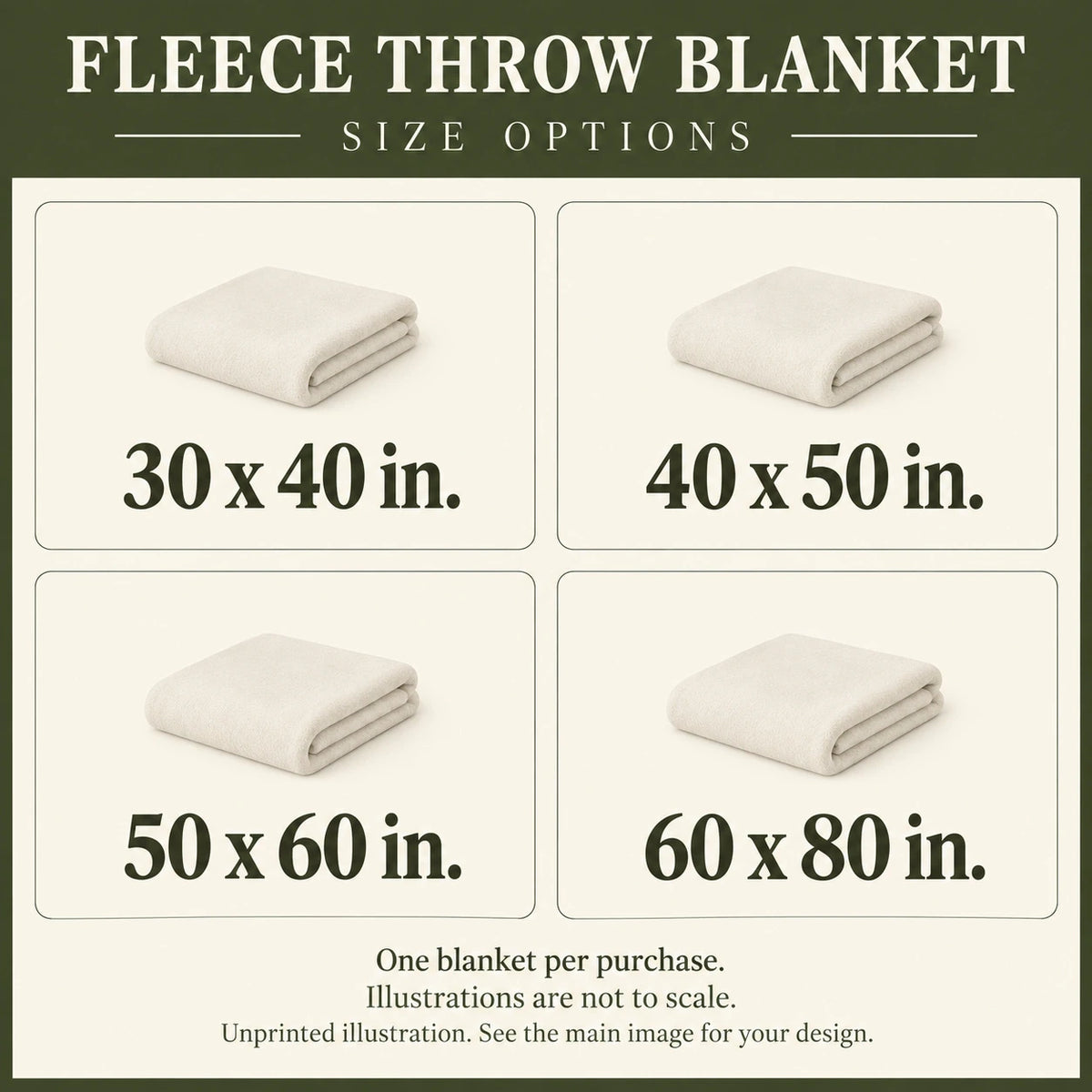 Fleece Throw Blanket sizes guide: unprinted illustration; see main image for purchased design