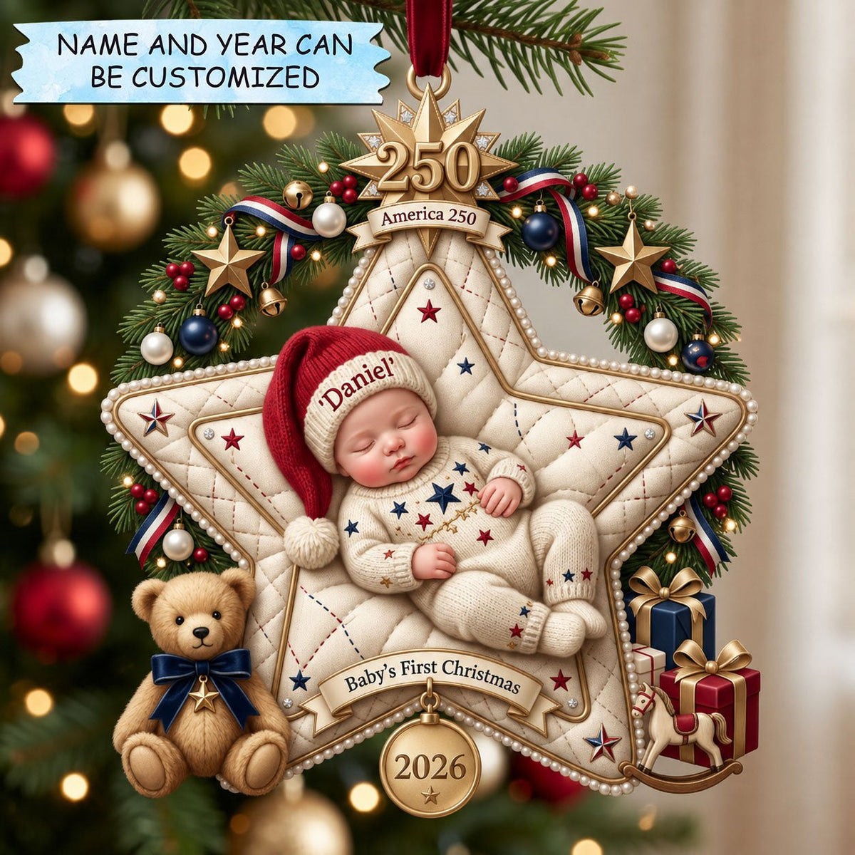 Quilted Star Wreath America 250 Christmas Ornament