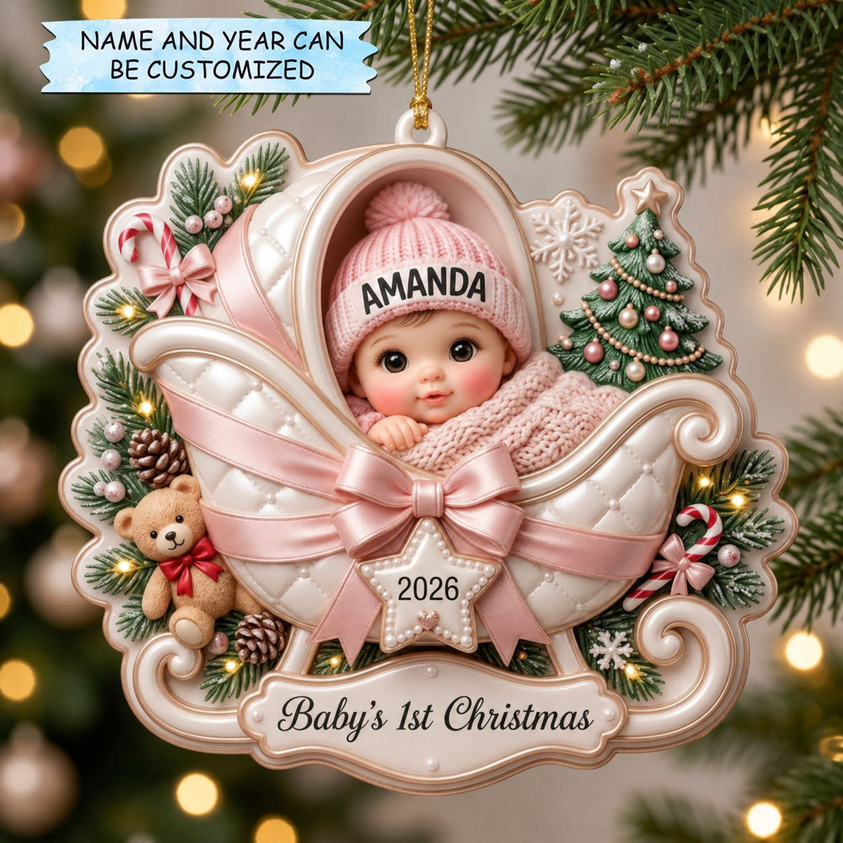 Pink Bunting Wreath Baby Christmas Ornament