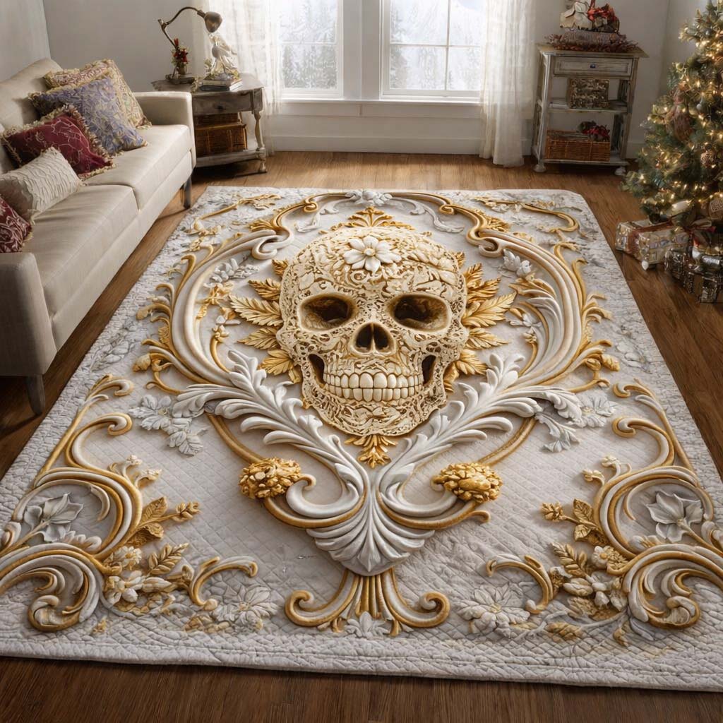 Baroque Ivory Skull area rug in a living room