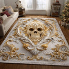 Baroque Ivory Skull area rug in a living room
