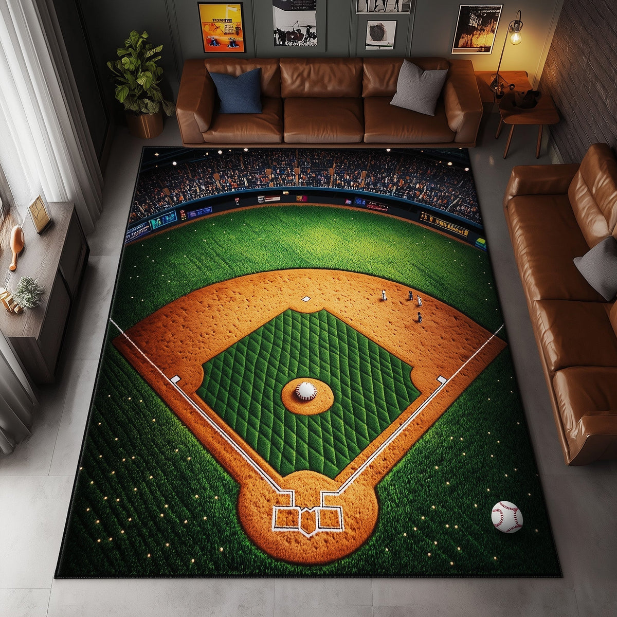 Baseball Field area rug in a living room