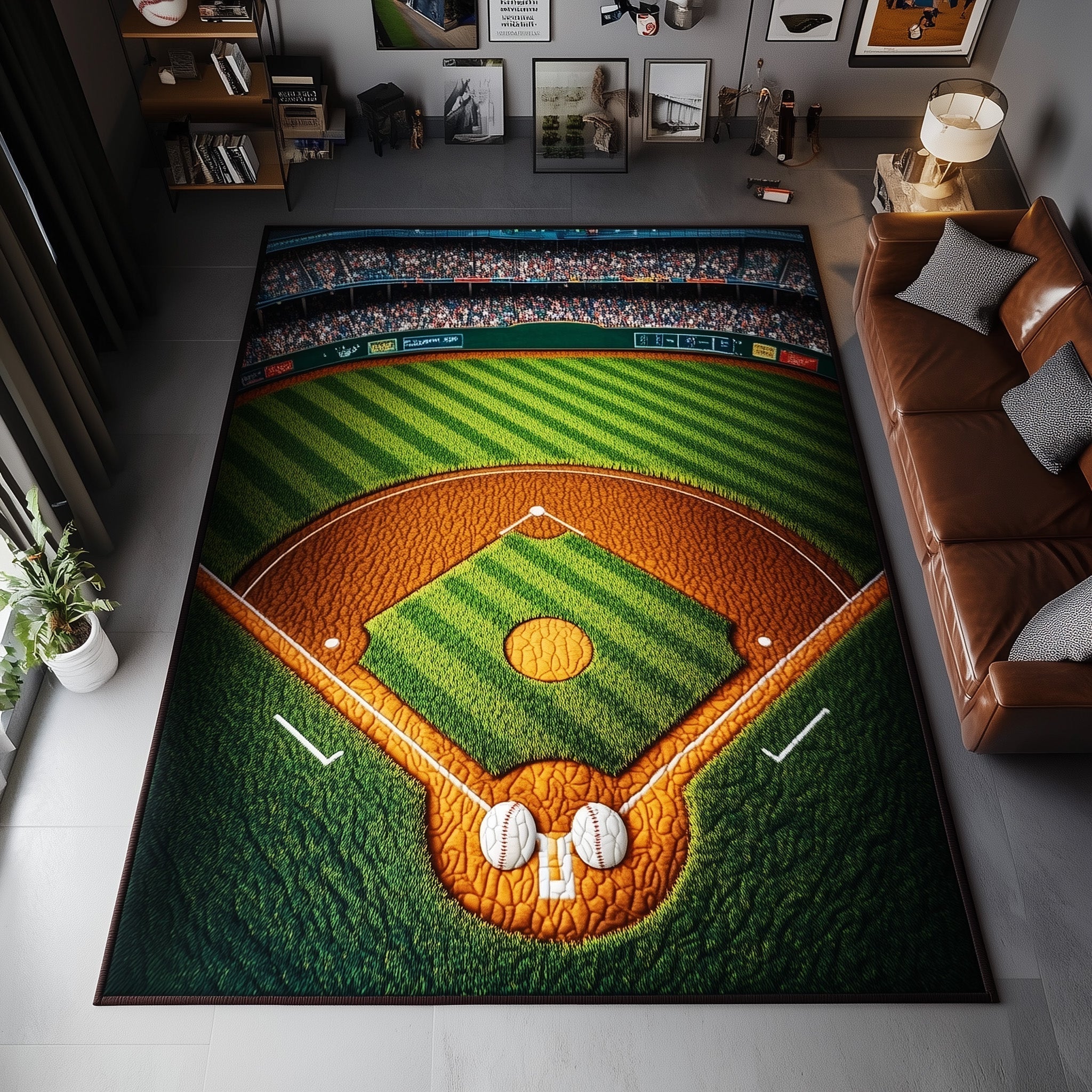 Baseball Field area rug in a living room