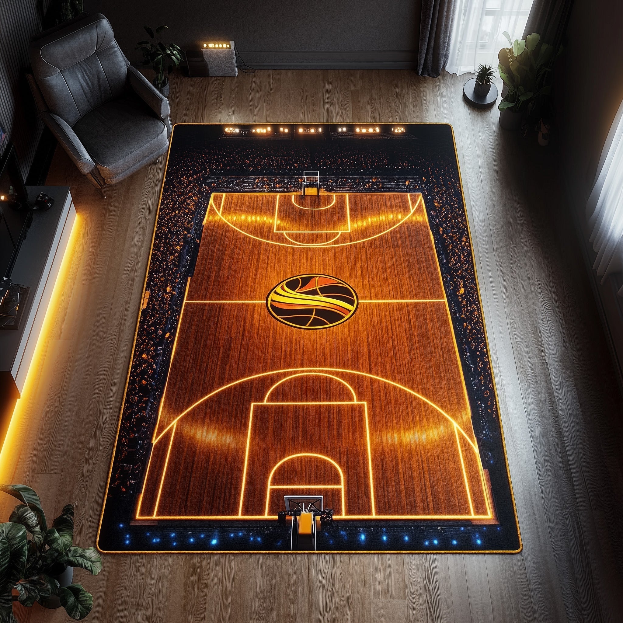 Basketball Court area rug in a living room