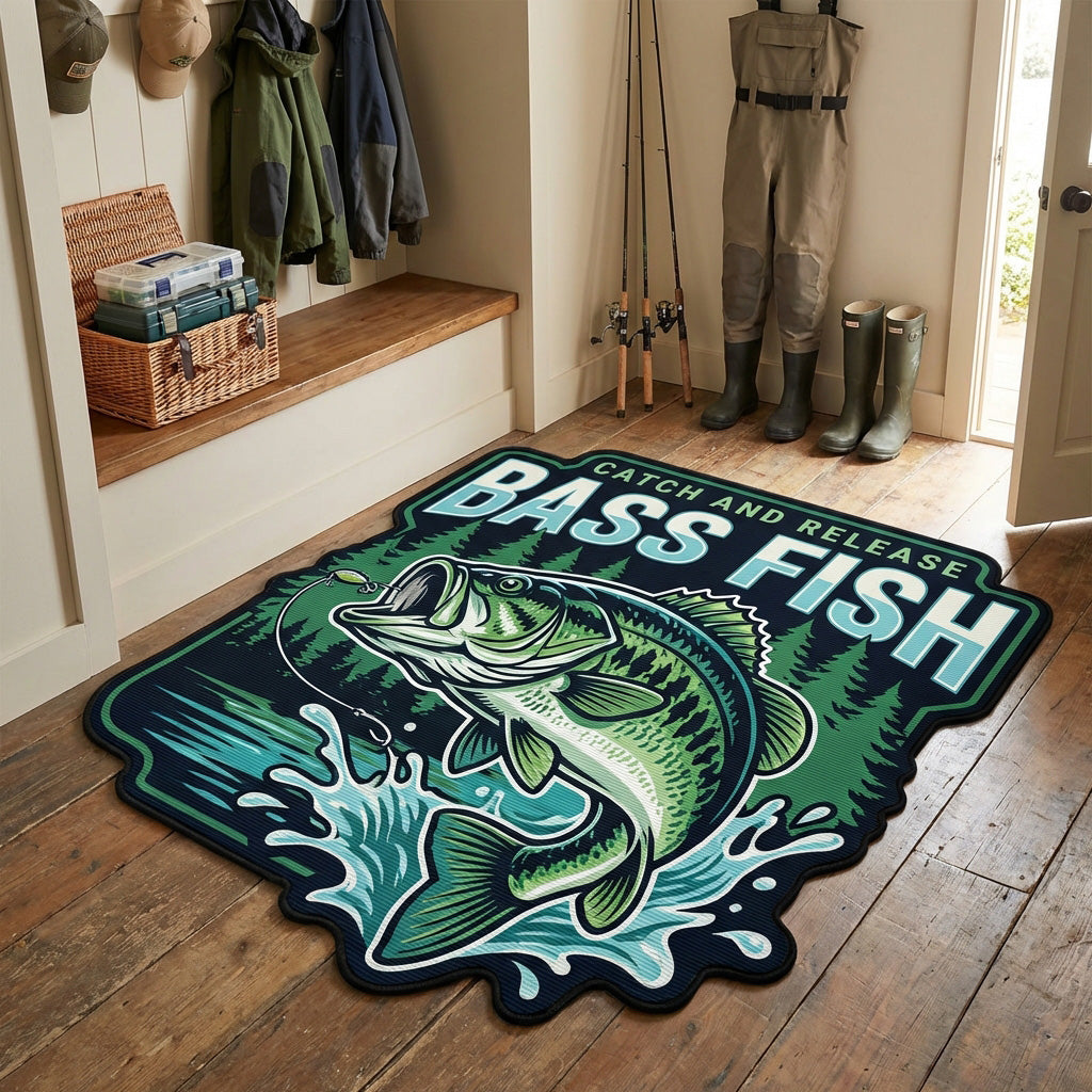 Bass Splash Custom Shape Area Rug - Cute Animal Design | Die-Cut Non-Slip Rug - washable non-slip printed rug