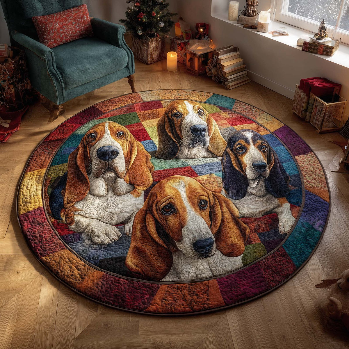 Basset Hounds Round Mat Rug - washable non-slip printed rug