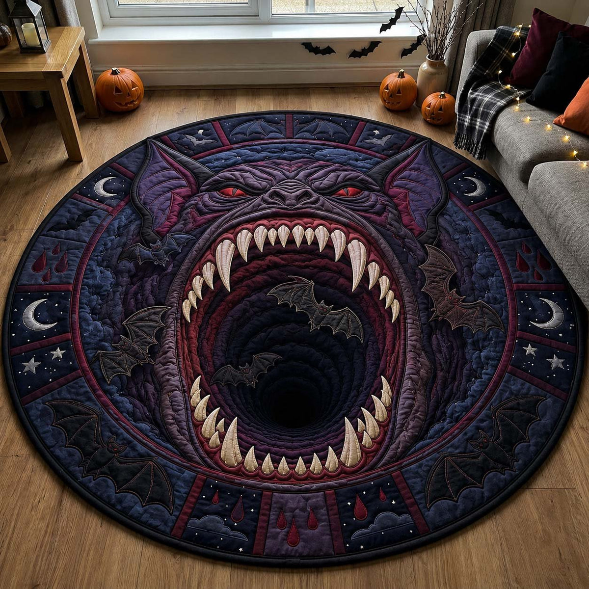 Bat Abyss Round Mat Rug - washable non-slip printed rug