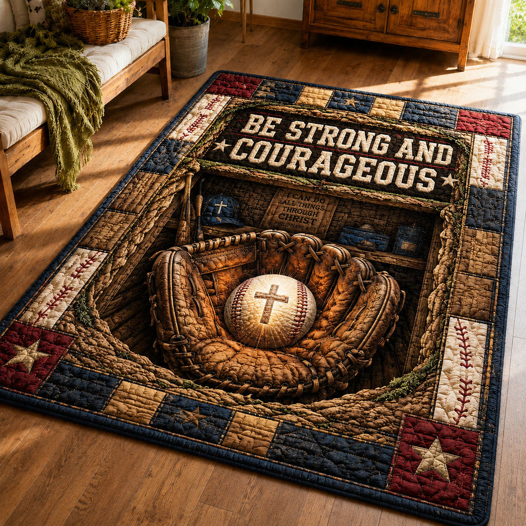 Be Strong And Courageous Christian area rug in a living room