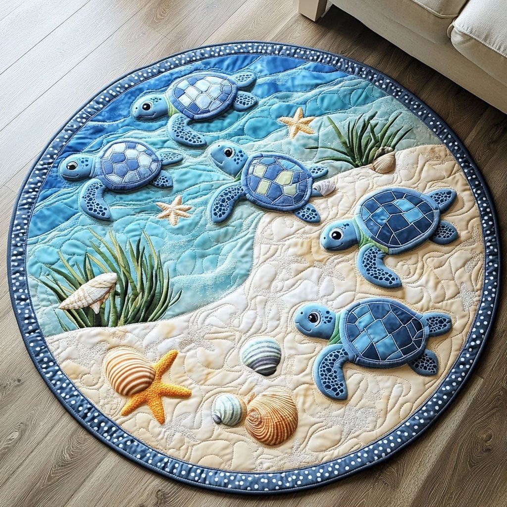 Beach Turtle Parade Round Mat Rug - washable non-slip printed rug