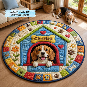 Beagle Happy Doghouse Round Mat Rug - Non-Slip Washable Round Area Rug for Bedroom & Living Room